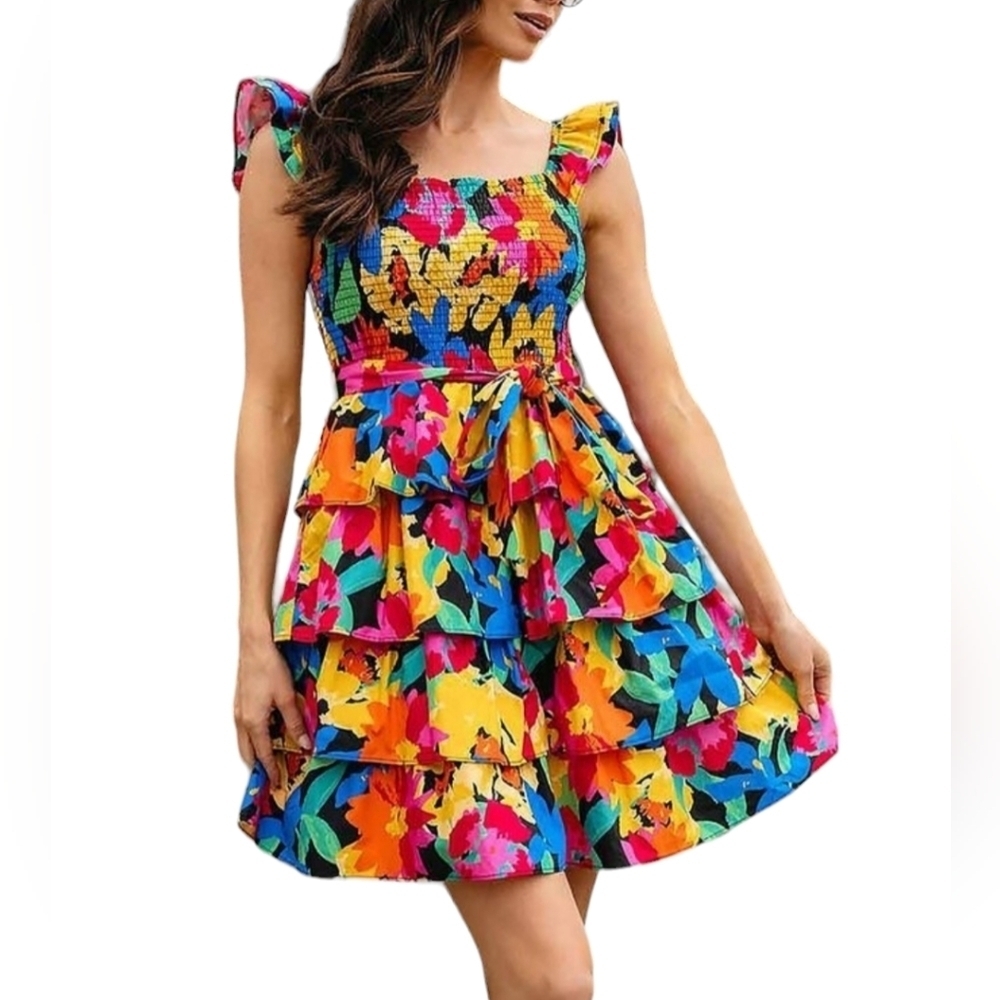 Colorful Sleeveless Ruffle Tiered Mini Dress Smocked Bodice 100% Cotton